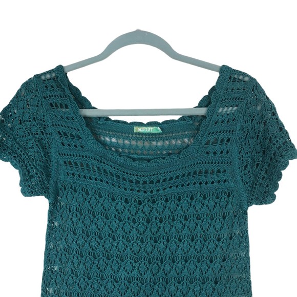 Vintage 90s Old Navy Crochet Mini Dress/Tunic/Swimsuit Cover Teal SZ M Very Soft - Picture 2 of 7